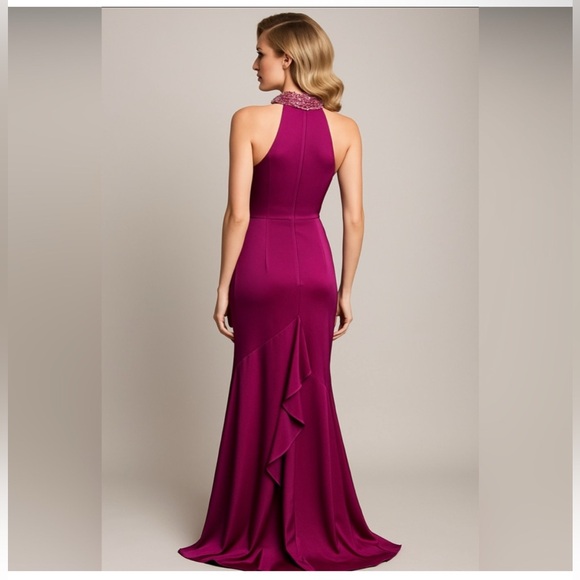 Aidan Mattox Crystal Beaded Halter Gown Magenta Fuchsia Satin Size 4 NWT Evening - Picture 3 of 9